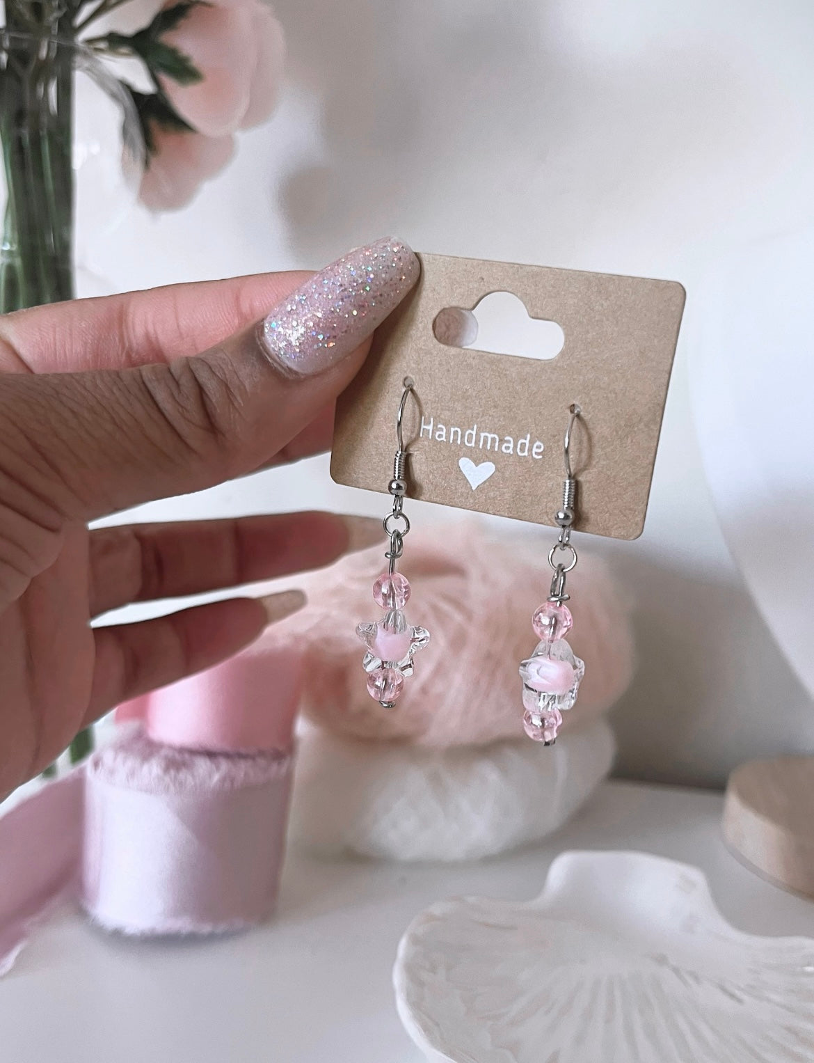Pink star beaded earrings