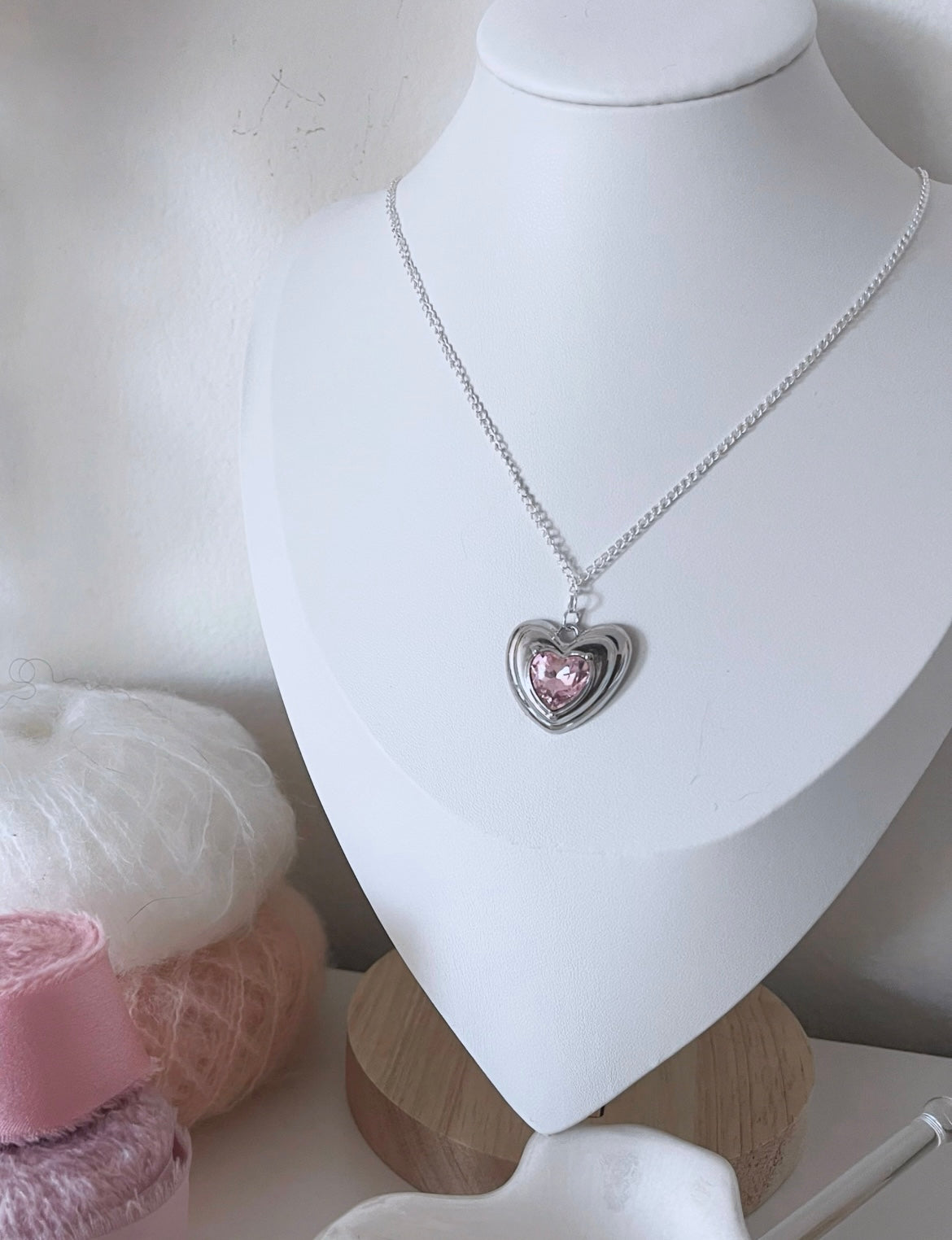 Silver pink heart chain necklace