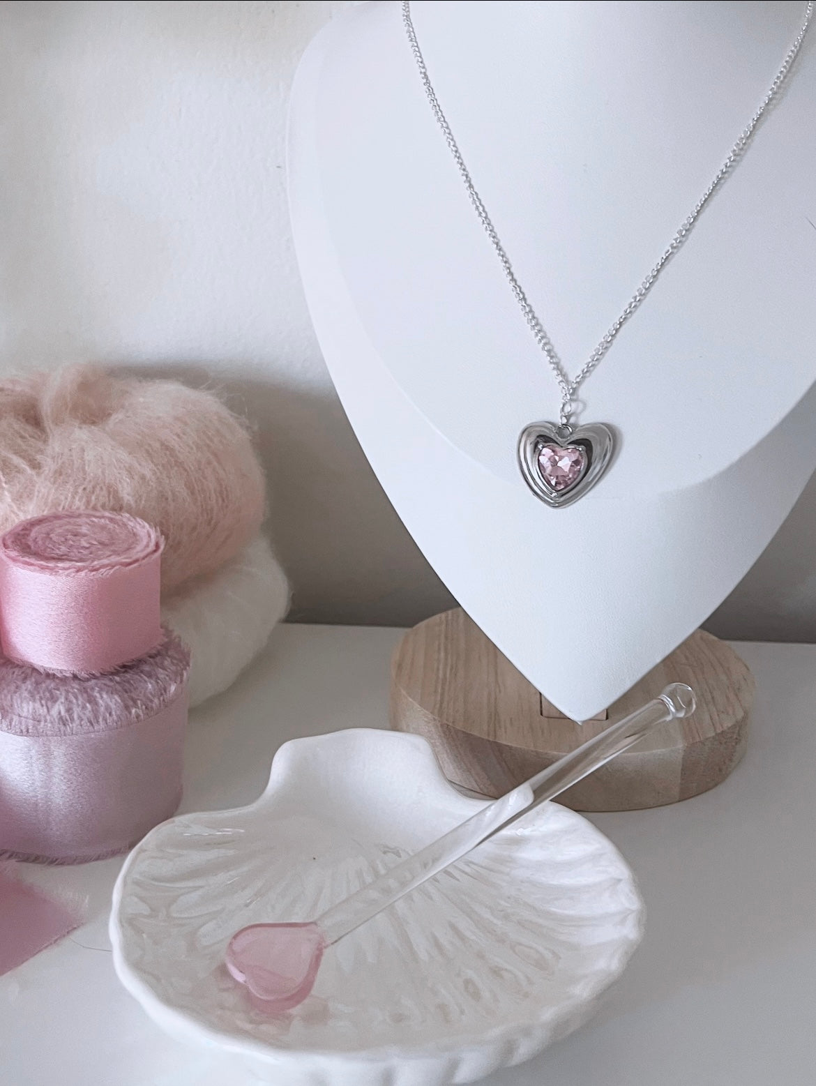 Silver pink heart chain necklace