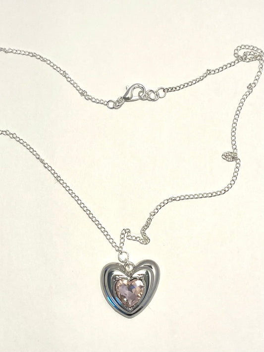 Silver pink heart chain necklace
